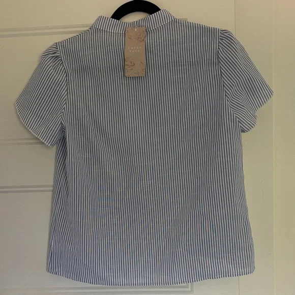 EMERY ROSE Blue & White Striped V-Neck Ruffle Sleeve Women's Blouse - Picture 7 of 9